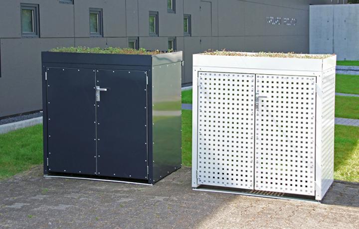 Mülltonnenboxen, Gründach light, Vollblech anthrazit und Lochblech weiß